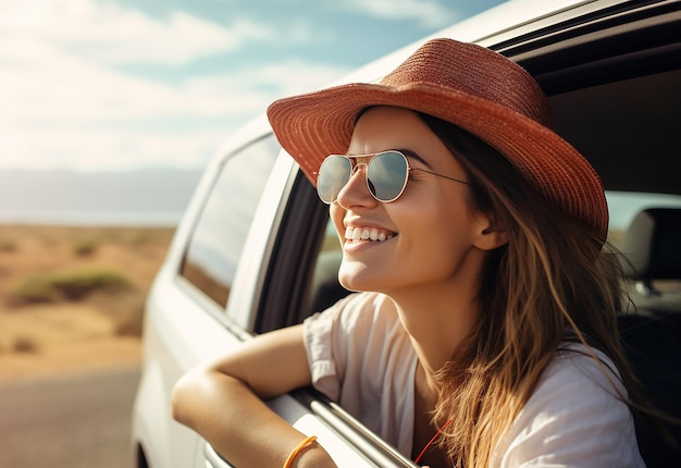 Ritratto fotografico di una donna che sporge dal finestrino dell'auto mentre guida un'auto nella natura estiva