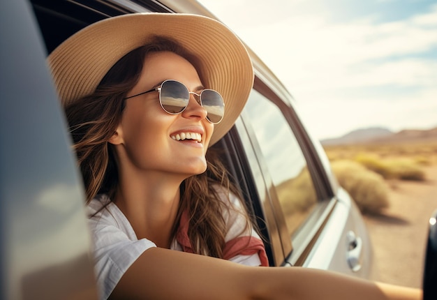 Ritratto fotografico di una donna che sporge dal finestrino dell'auto mentre guida un'auto nella natura estiva