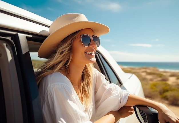 Ritratto fotografico di una donna che sporge dal finestrino dell'auto mentre guida un'auto nella natura estiva