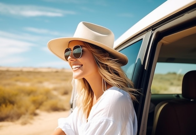 Ritratto fotografico di una donna che sporge dal finestrino dell'auto mentre guida un'auto nella natura estiva