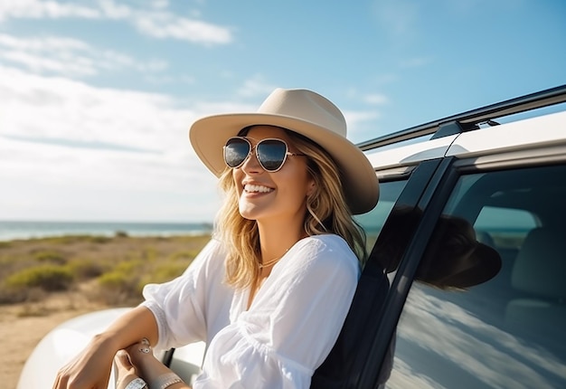 Ritratto fotografico di una donna che sporge dal finestrino dell'auto mentre guida un'auto nella natura estiva