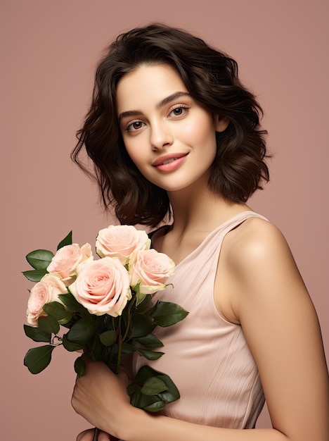 Ritratto fotografico di una donna che tiene in mano un mazzo di rose