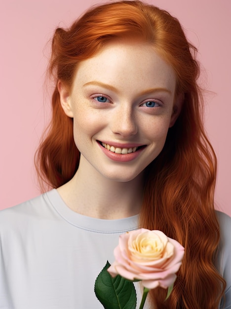 Ritratto fotografico di una donna che tiene in mano un mazzo di rose