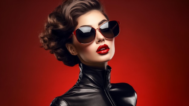 Ritratto fotografico di una donna cool con occhiali da sole e giacca nera su sfondo rosso Generato dall'intelligenza artificiale