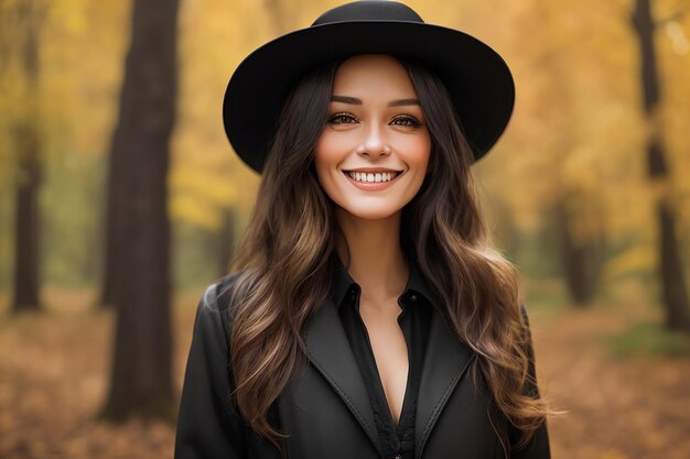 Ritratto fotografico di una donna sorridente con un cappello nero con i bordi una giacca classica sullo sfondo della foresta d'autunno