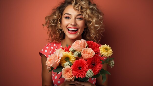 ritratto fotografico di una donna sorridente felice che tiene un bouquet sulla parete dello studio generato dall'intelligenza artificiale