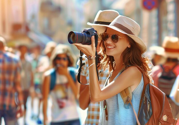 Ritratto fotografico di una giovane bella coppia di viaggiatori marito e moglie sorridenti prendono un selfie