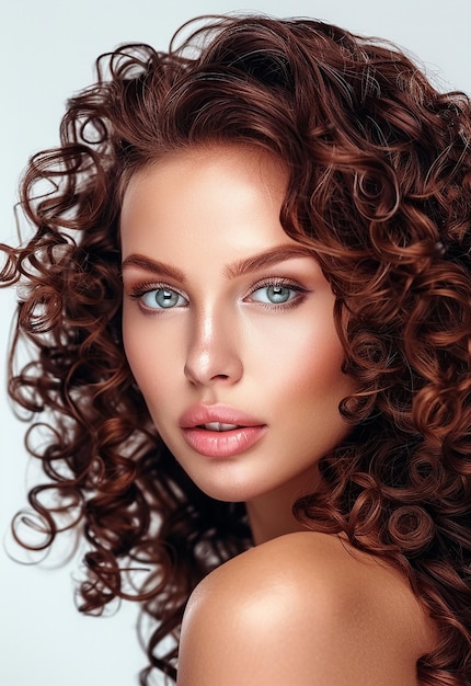 Ritratto fotografico di una giovane donna bellissima, sexy, con il viso di una modella con i capelli ricci bruni