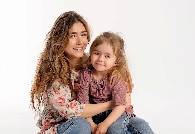 Ritratto fotografico di una giovane madre che tiene in braccio il suo bambino con un sorriso adorabile