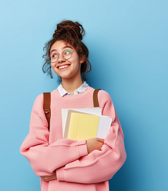 Ritratto fotografico di una giovane studentessa universitaria sorridente