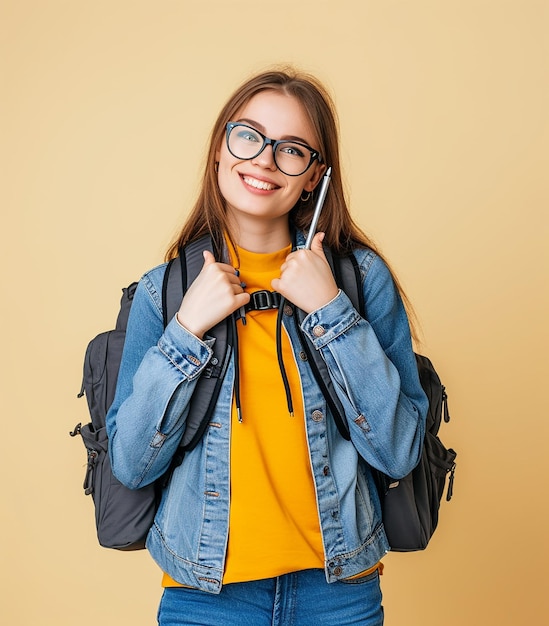 Ritratto fotografico di una giovane studentessa universitaria sorridente