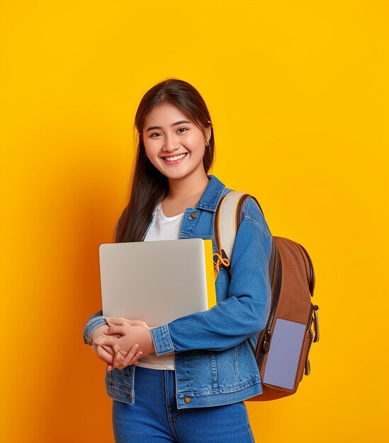 Ritratto fotografico di una giovane studentessa universitaria sorridente