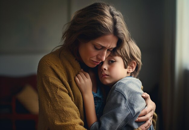 Ritratto fotografico di una madre che abbraccia il suo amorevole figlio