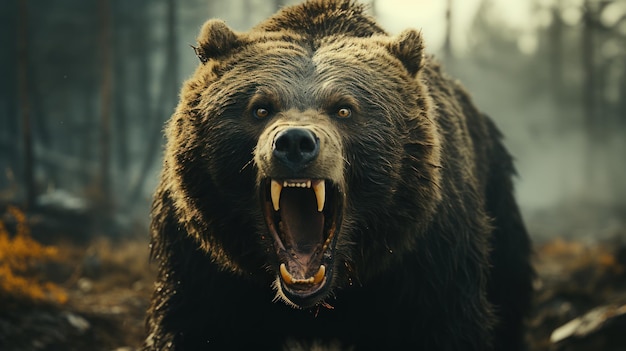 Ritratto fotorealistico di orso arrabbiato bocca aperta denti affilati in pineta 8k hdr cinematic lightin