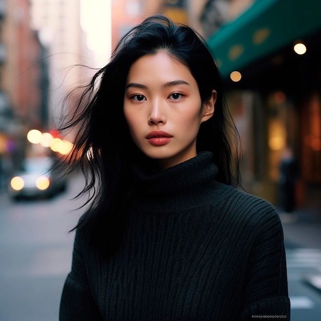 ritratto fotorealistico di una giovane modella femminile asiatica sullo sfondo della città