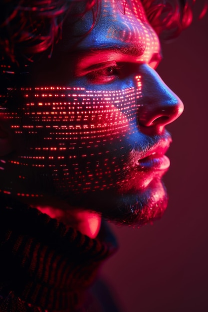 Ritratto futuristico di un uomo con schemi luminosi digitali sul viso