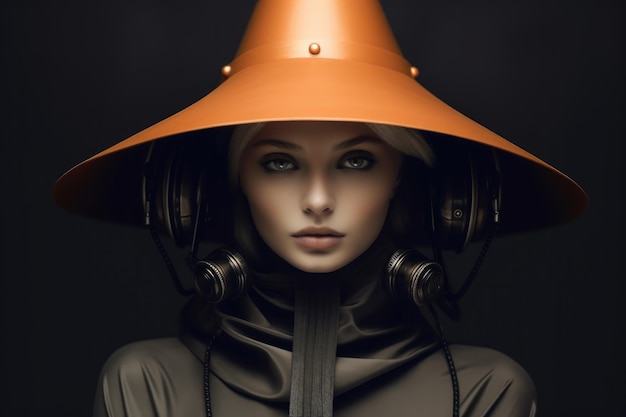 Ritratto futuristico di una modella con un cappello Opera d'arte concettuale sul futuro della moda