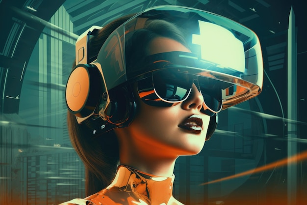 Ritratto futuristico di una ragazza carina che indossa un casco futuristico di realtà virtuale sullo sfondo della città