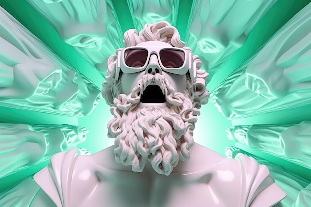 Ritratto futuristico sorpreso di una scultura bianca di Zeus con gli occhiali