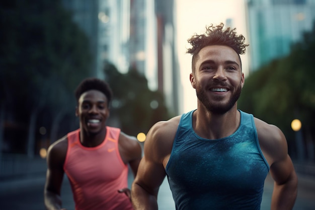 Ritratto generativo di intelligenza artificiale di giovani felici che corrono la maratona, fanno jogging e godono di uno stile di vita attivo