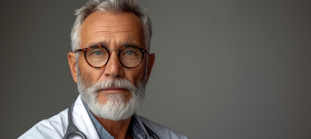 Ritratto generativo in close-up di un medico anziano che posa davanti alla telecamera per il concetto di assistenza sanitaria e medicina