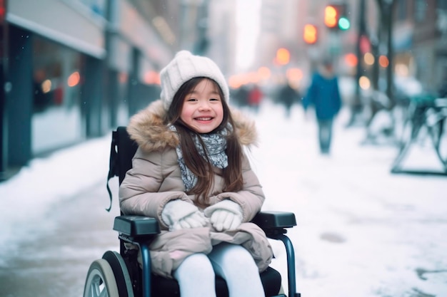 Ritratto generato dall'AI di una bambina disabile autentica, gioiosa, felice, in sedia a rotelle all'aperto in inverno