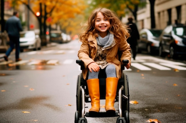 Ritratto generato dall'AI di una bambina disabile autentica, gioiosa, felice, in sedia a rotelle, caduta all'aperto