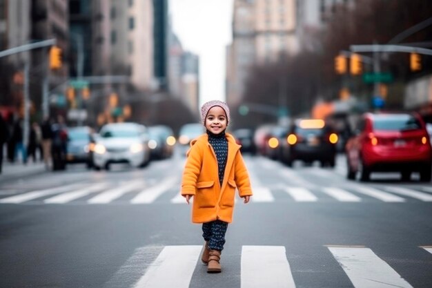 Ritratto generato dall'intelligenza artificiale di una bambina musulmana felice, autentica, gioiosa, sullo sfondo di una strada urbana