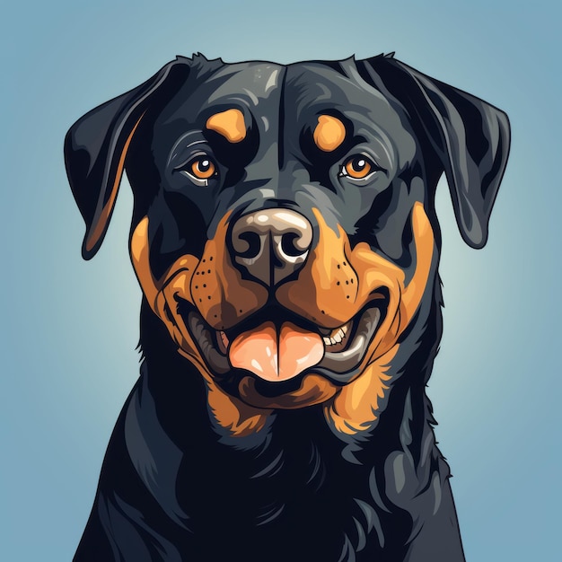 Ritratto giocoso di Rottweiler Disegno dettagliato di personaggi su sfondo blu