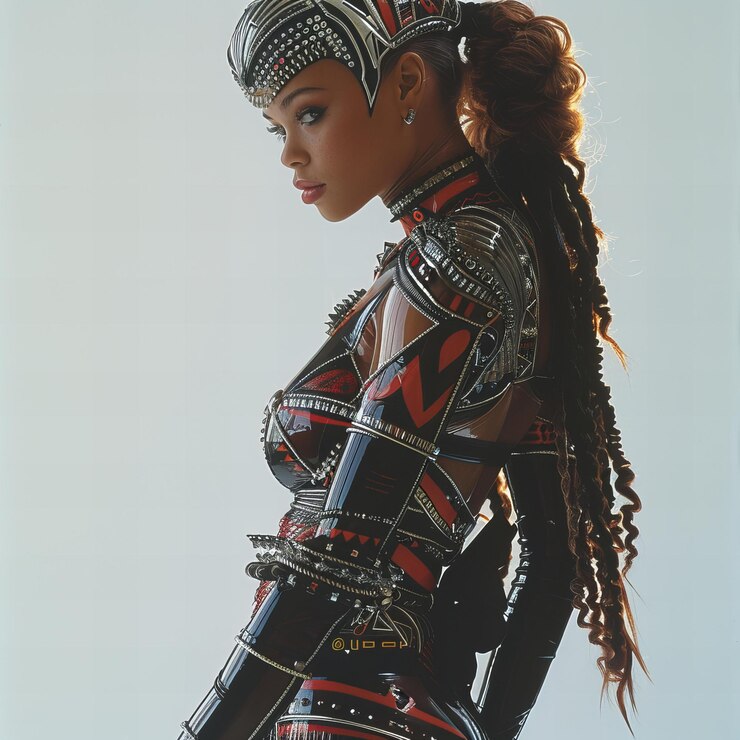Ritratto grafico iperrealistico di una bella donna in moda tribale futuristica in lattice a contrasto