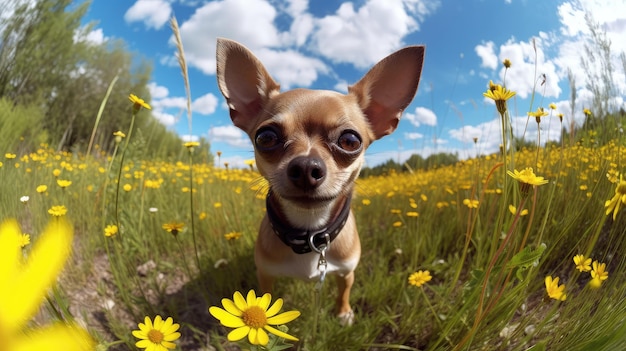 Ritratto grandangolare del cane Chihuahua nel campo dei fiori primo piano estremo IA generativa
