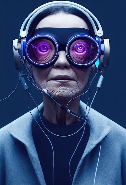 Ritratto immaginario di una nonna in stile cyberpunk futuristico con un auricolare cyber