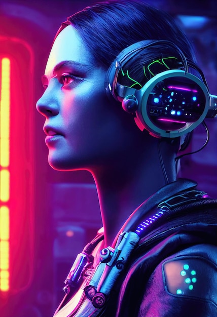 Ritratto immaginario di una ragazza scifi cyberpunk Donna futuristica high-tech dal futuro