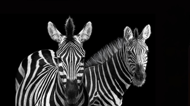 Ritratto in bianco e nero di due zebre in piedi vicini isolati su sfondo nero Primo piano delle teste Una famiglia di zebre stanno fianco a fianco Zebra comune Equus Burchellii in belle pose