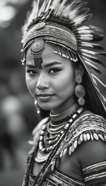 Ritratto in bianco e nero di una bella giovane donna in costume tradizionale