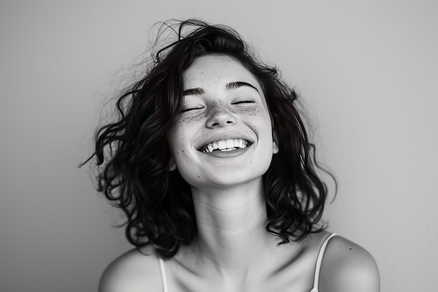 Ritratto in bianco e nero di una donna gioiosa con i capelli ricci che sorride con gli occhi chiusi su uno sfondo semplice