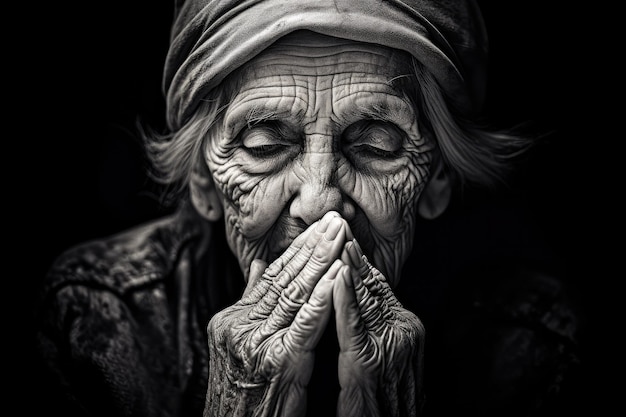 Ritratto in bianco e nero di una donna molto anziana che guarda in basso