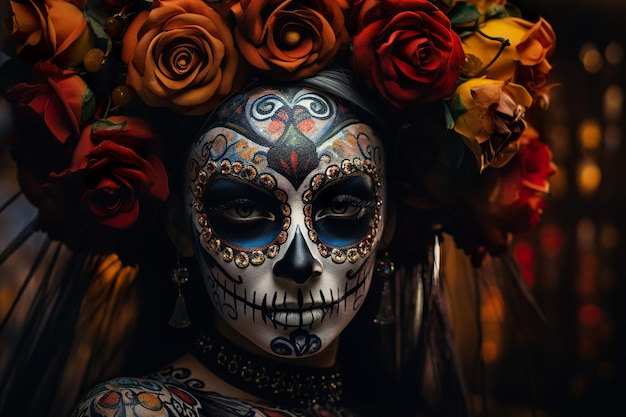 Ritratto in primo piano di calavera catrina giovane donna con trucco di teschio di zucchero dia de muertos