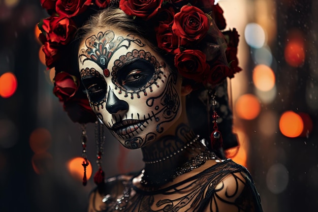 Ritratto in primo piano di calavera catrina giovane donna con trucco di teschio di zucchero dia de muertos