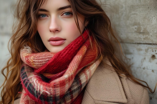 Ritratto in primo piano di un'affascinante giovane donna caucasica con lunghi capelli ondulati attraente ragazza dai capelli castani che indossa cappotto e sciarpa all'aperto bellezza moda e diversità