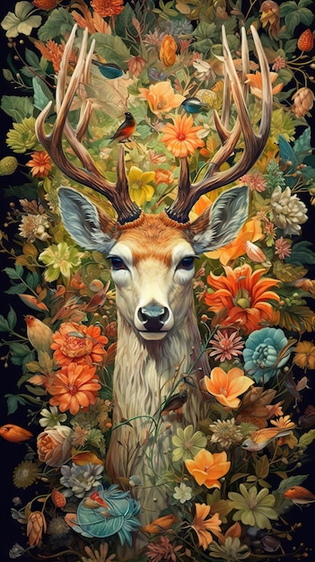 Ritratto in primo piano di un maestoso cervo sullo sfondo fantastico Animali selvatici Cervo vernice colorata brillante
