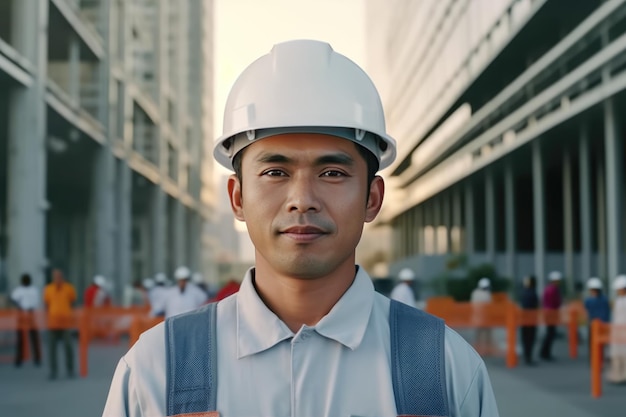 Ritratto in primo piano di un operaio edile asiatico in uniforme con una casa in costruzione sullo sfondo IA generativa