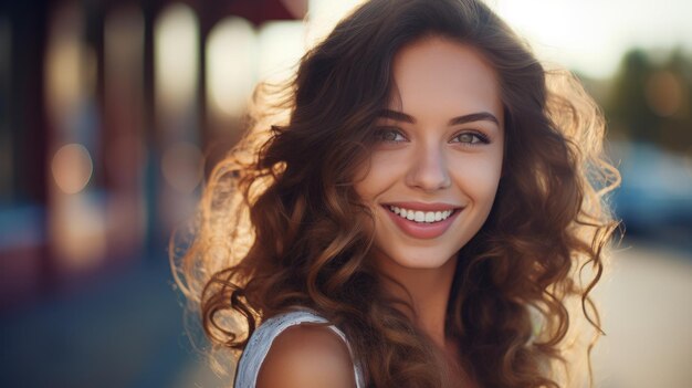 Ritratto in primo piano di una bella donna caucasica con un sorriso affascinante che cammina all'aperto