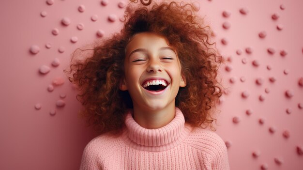 Ritratto in primo piano di una bella e attraente ragazza dai capelli rossi isolata su uno sfondo rosa brillante