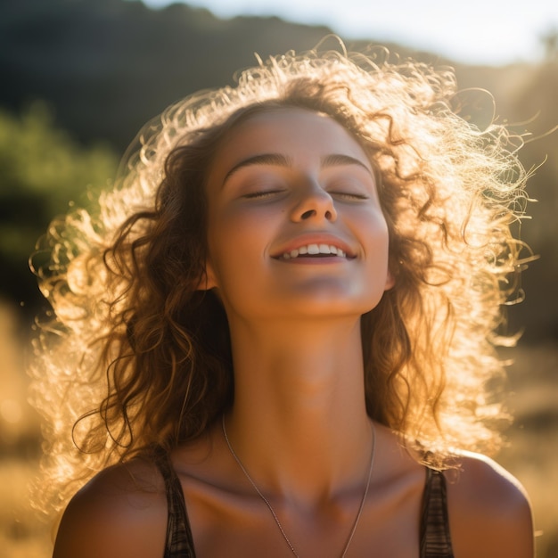 Ritratto in primo piano di una bella giovane donna con i capelli ricci che sorride con gli occhi chiusi e si gode il sole