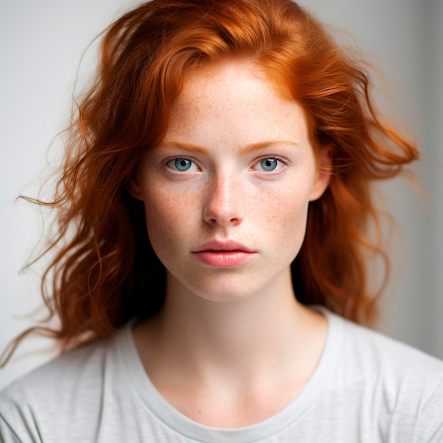 Ritratto in primo piano di una bella ragazza dai capelli rossi su uno sfondo bianco Studio di riprese con luce morbida Una giovane donna con occhi luminosi senza un sorriso
