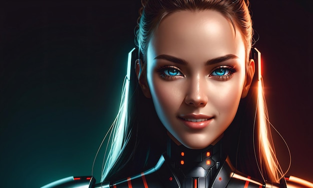 Ritratto in primo piano di una bellissima donna cyber in costume futuristico AI generativa