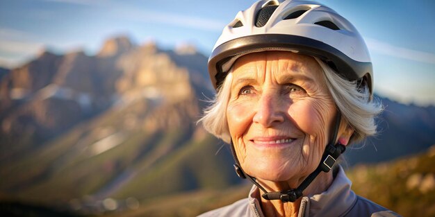 Ritratto in primo piano di una donna anziana bianca con casco da bicicletta sullo sfondo di montagna spazio per il testo