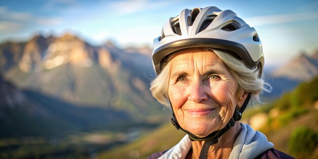 Ritratto in primo piano di una donna anziana bianca con casco da bicicletta sullo sfondo di montagna spazio per il testo