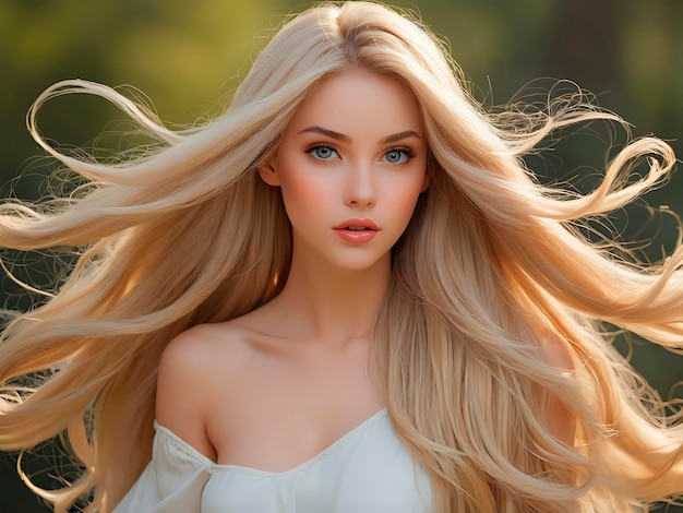 Ritratto in primo piano di una donna con i capelli lunghi e dritti che soffia Immagine perfetta per la cura dei capelli e i prodotti cosmetici Copia Spazio per testo e marchio